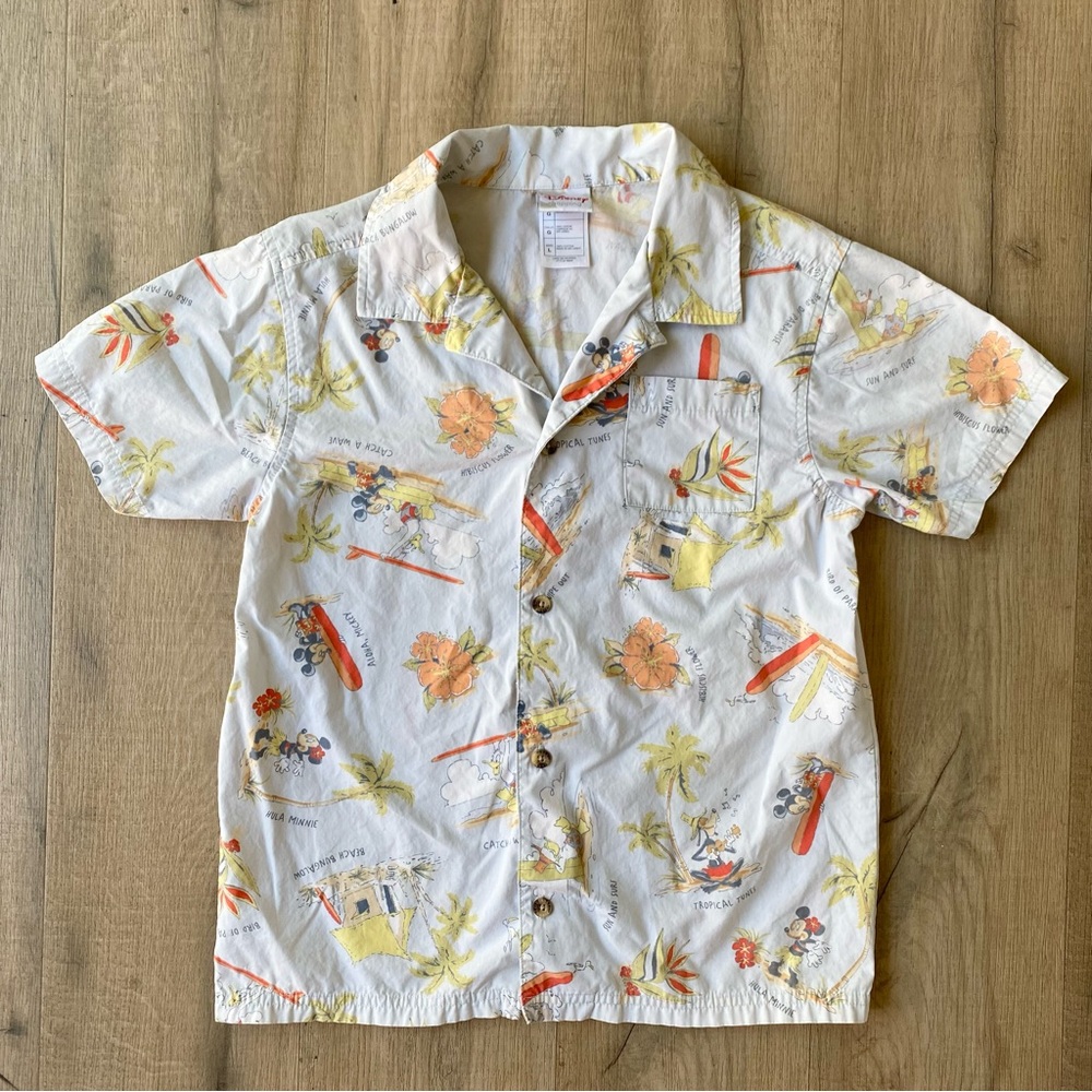 Disney Mickey & Friends Tropical Beach Button Down Hawaiian Shirt Size Boy’s L